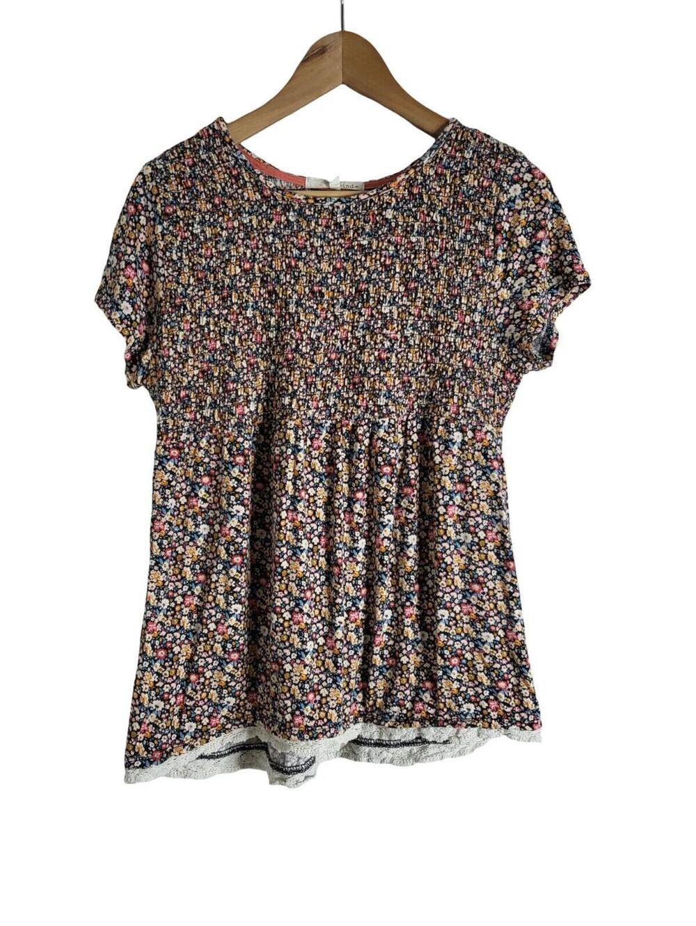 Rewind Scoop Neck Smocked Baby Doll Top Ditzy Floral Print Size Large